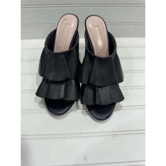 Avec Les Filles Black Ruffle Leather Peep Toe Heeled Mules Size 7.5 - Picture 6 of 7